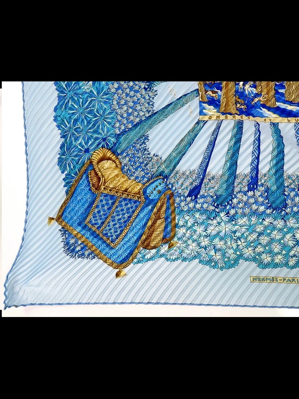 Hermes Light Blue & Gold Pleated Silk Scarf